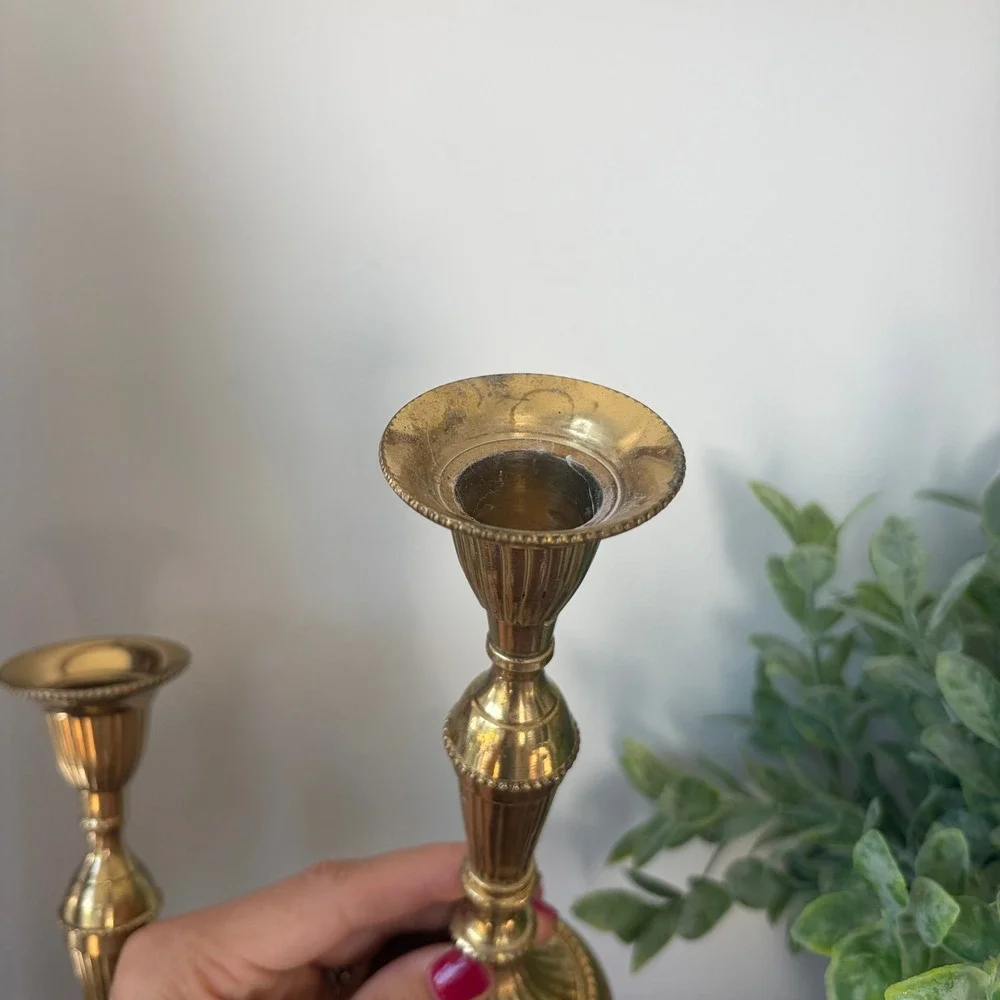 Hosley Solid Lacquered Brass Fluted Candlestick Holders Pair BS 5890 India 7.75